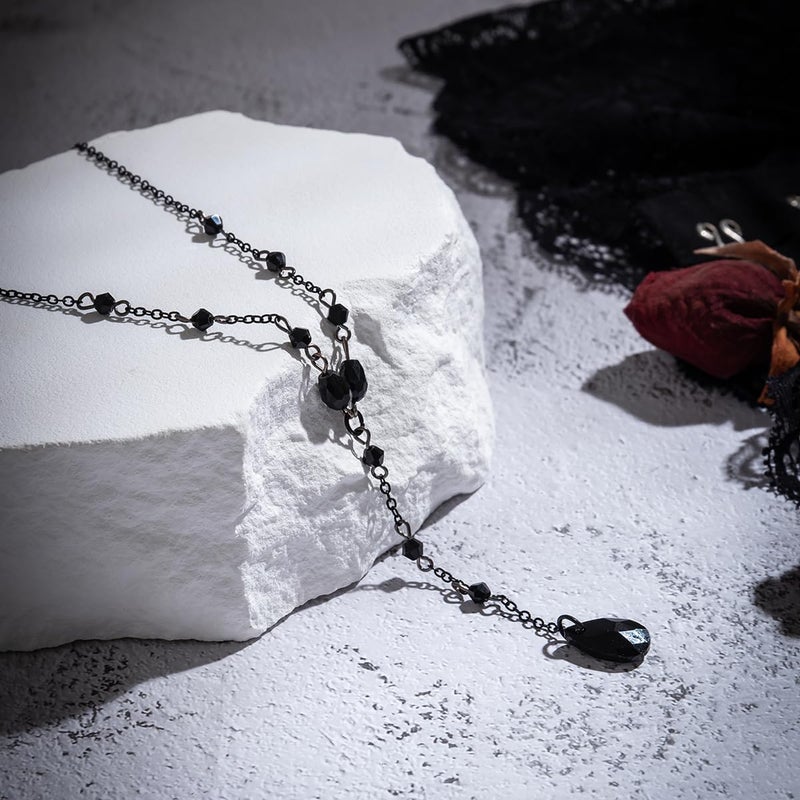 Cicod Gothic Y Necklace,Goth Black Red Crystal Bead Teardrop Necklace,Punk Y Necklace,Halloween Christmas New Year Jewelry Vampire Accessories for Women - Image 3